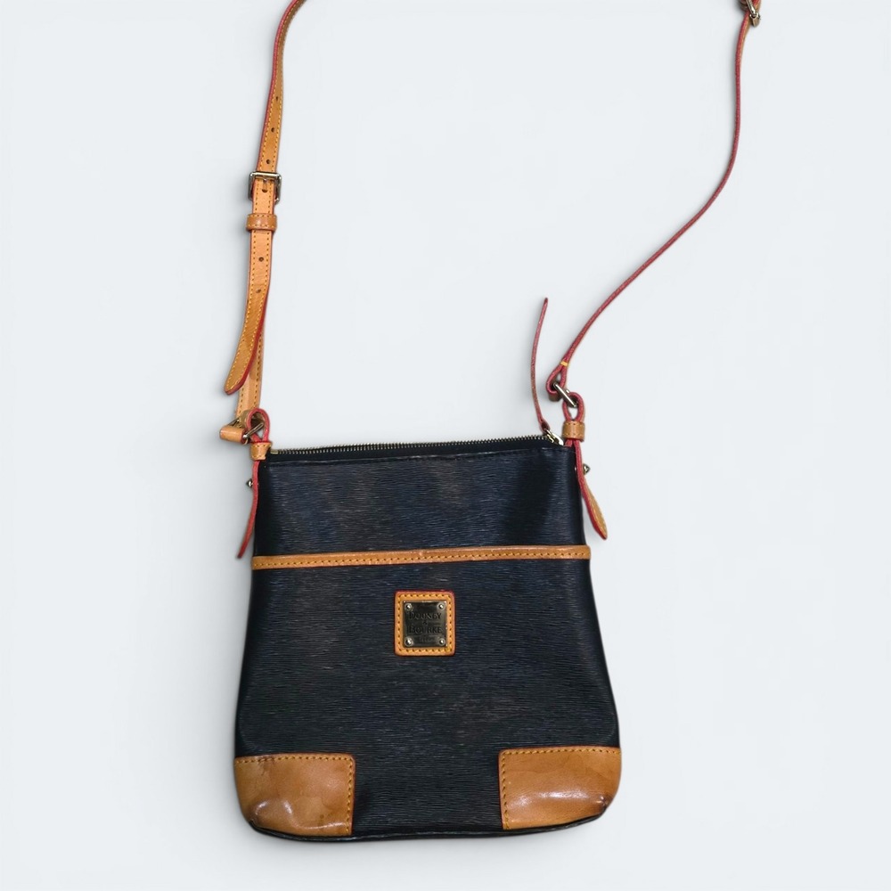 Dooney & Bourke Black Textured Leather Crossbody Bag Tan Trim North South Zip